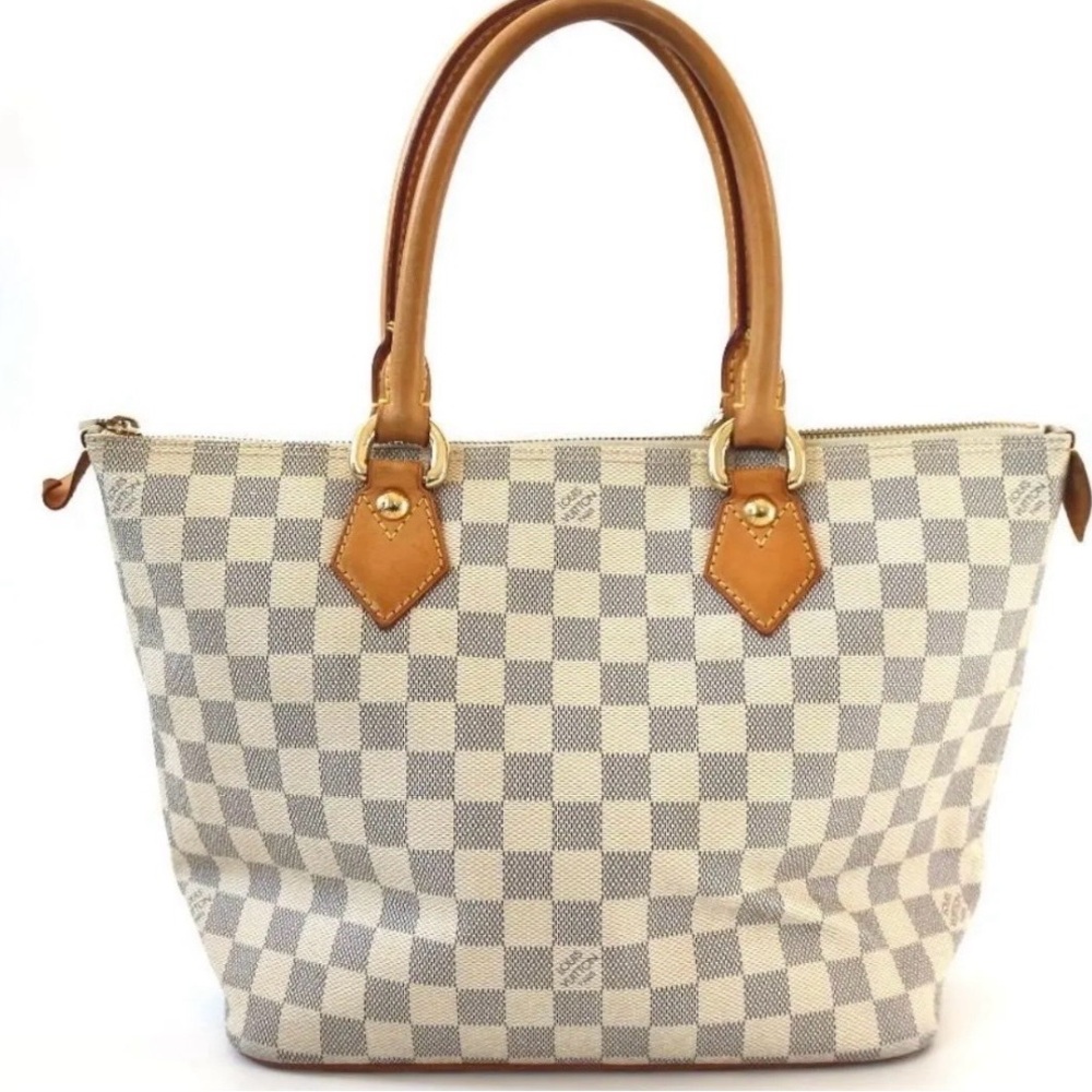 Louis Vuitton Damier Azur Checkered Tote with Tan Leather Handles W/COA